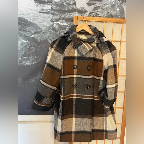 Anthropologie Elevenses Hampden Brown Plaid Hooded Wool Coat XS - Picture 3 of 11